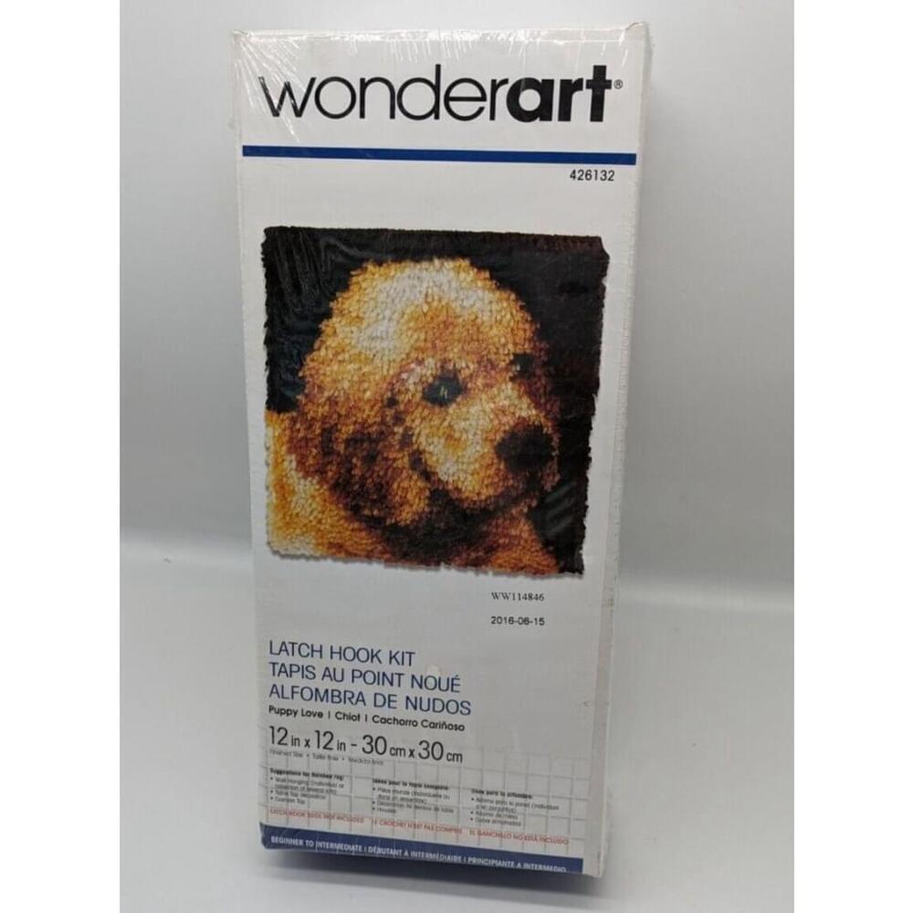 NEW WONDER-ART LATCH HOOK KIT 12”X12” PUPPY LOVE GOLDEN RETRIEVER DOG